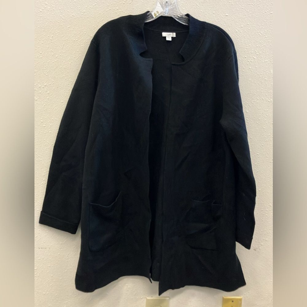 J. Jill Thick Black Heavy Cardigan pocket sweater unique neckline Large #731